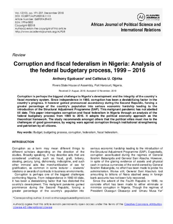 (PDF) Corruption and fiscal federalism in Nigeria: Analysis of the ...