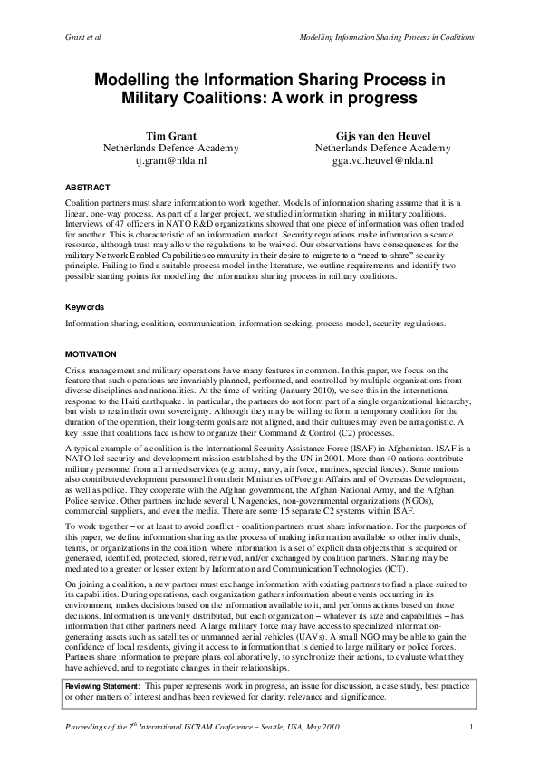 (PDF) Modelling the information sharing process in military coalitions ...