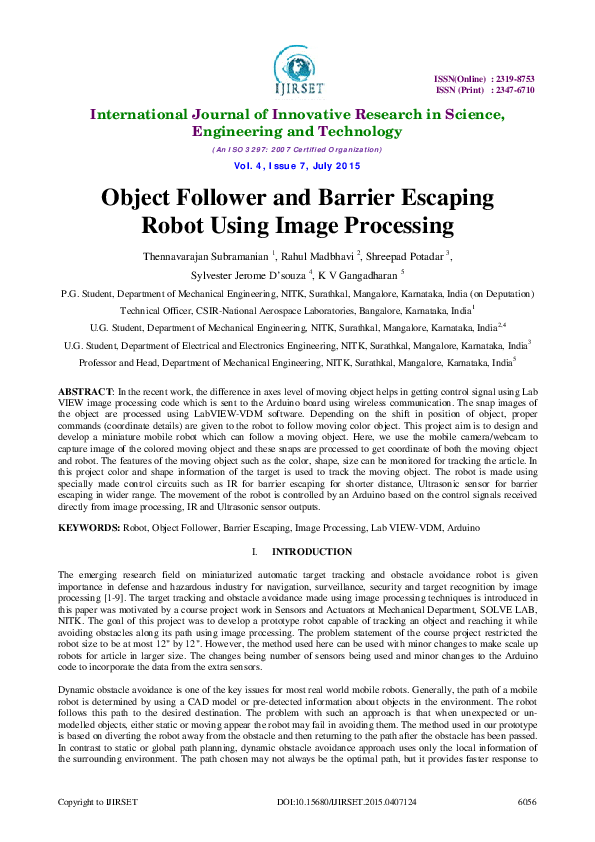(PDF) Object Follower and Barrier Escaping Robot Using Image Processing