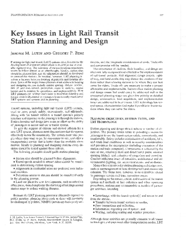 (PDF) Key Issues in Light Rail Transit Station Planning and Design