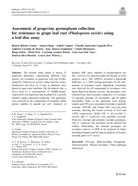 (PDF) Assessment of grapevine germoplasm collection for resistance to ...