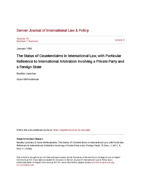(PDF) The Status of Counterclaims in International Law, with Particular ...