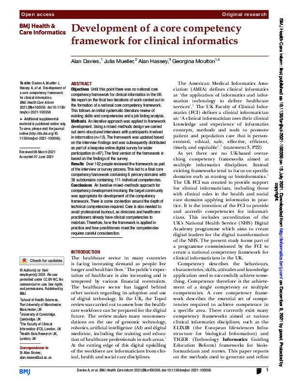 (PDF) Development of a core competency framework for clinical informatics