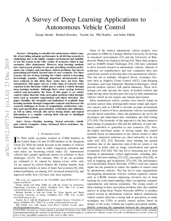 (PDF) A Survey of Deep Learning Applications to Autonomous Vehicle Control