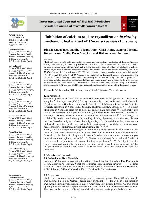 (PDF) Inhibition of calcium oxalate crystallization in vitro by ...
