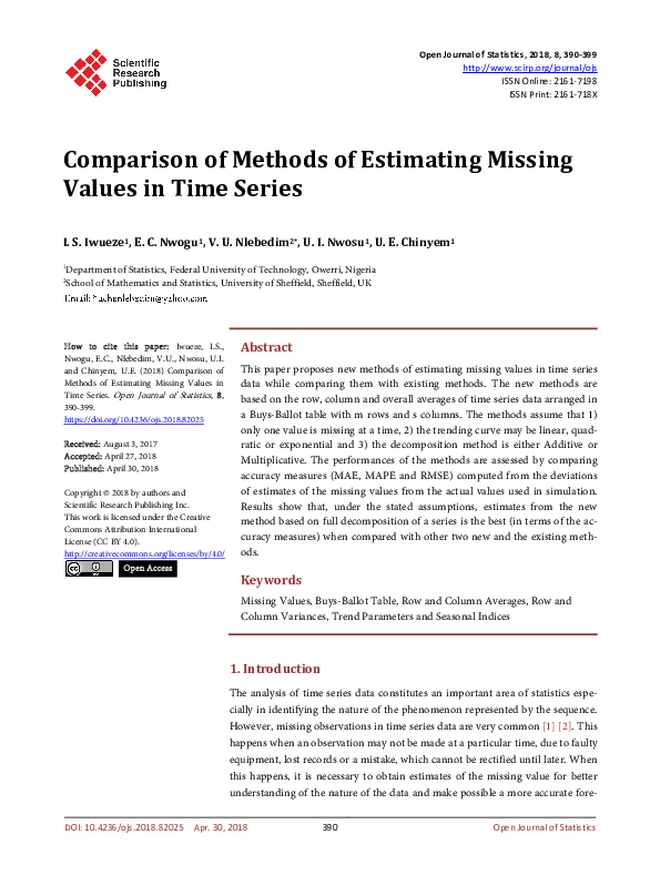 (PDF) Comparison of Methods of Estimating Missing Values in Time Series