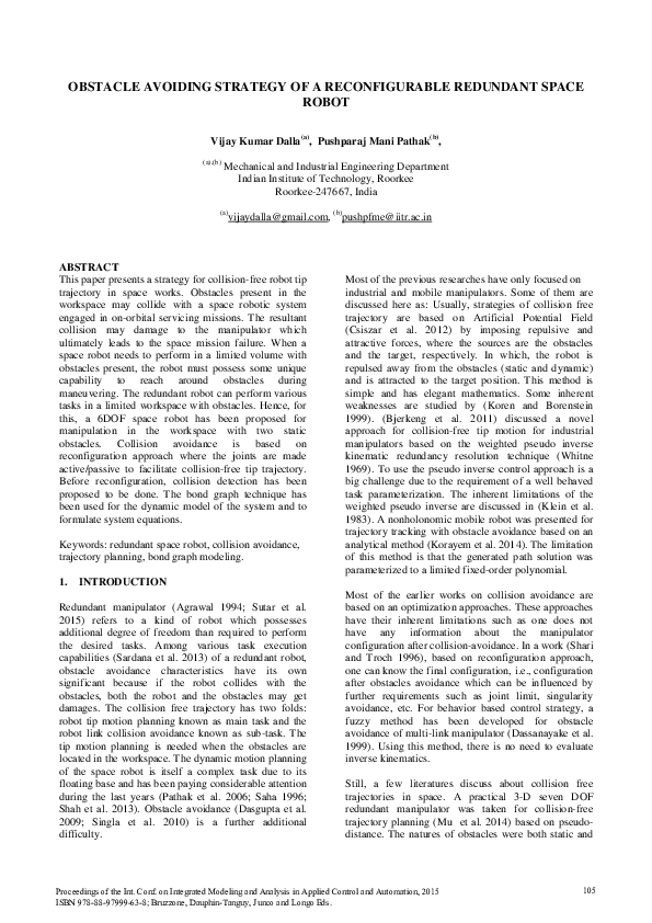 (PDF) Obstacle avoiding strategy of a reconfigurable redundant space robot