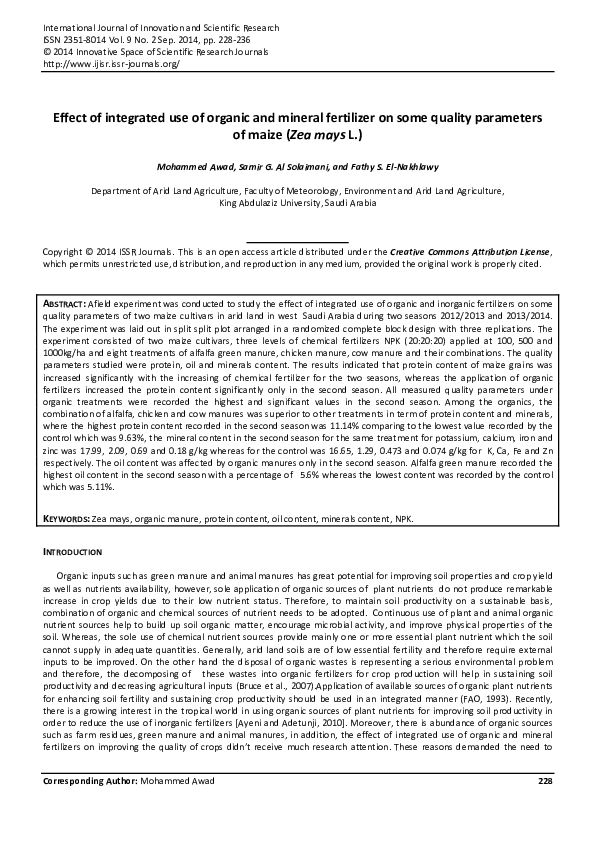 (PDF) Effect of integrated use of organic and mineral fertilizer on ...