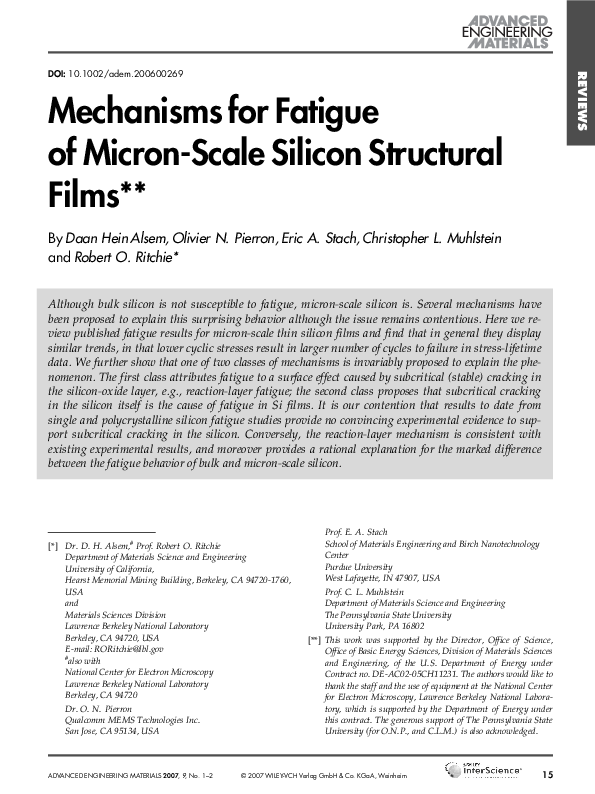(PDF) Fatigue Test Results and Mechanisms for Singlecrystal Silicon