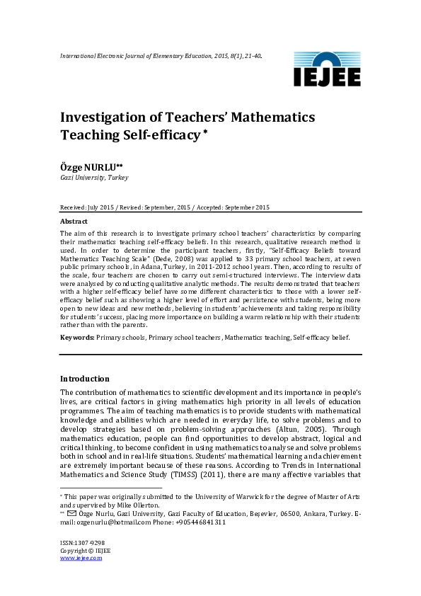 (PDF) Investigation of Teachers’ Mathematics Teaching Self-efficacy
