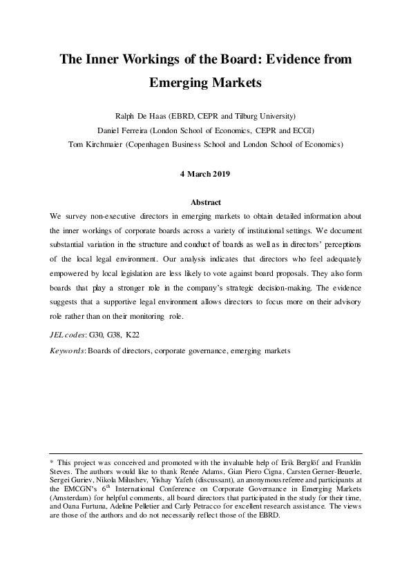 (PDF) The Inner Workings of the Board: Evidence from Emerging Markets