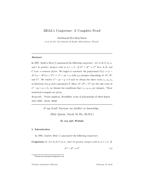 (PDF) Beal's Conjecture: A Complete Proof