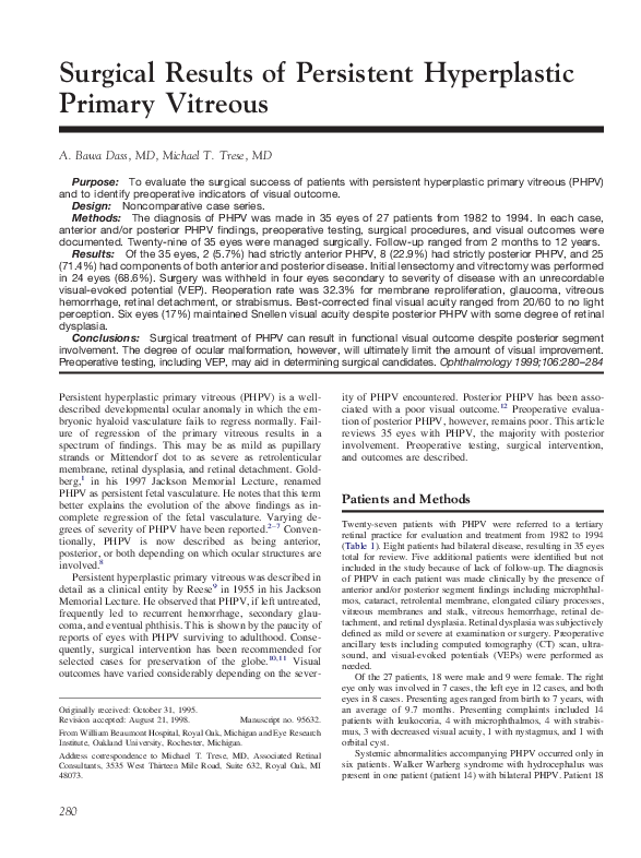 (PDF) Surgical results of persistent hyperplastic primary vitreous