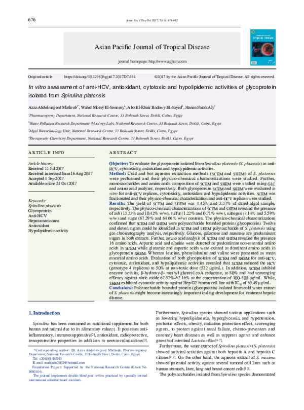 In vitro assessment of anti-HCV, antioxidant, cytotoxic and hypolipidemic activities of glycoprotein isolated from Spirulina platensis