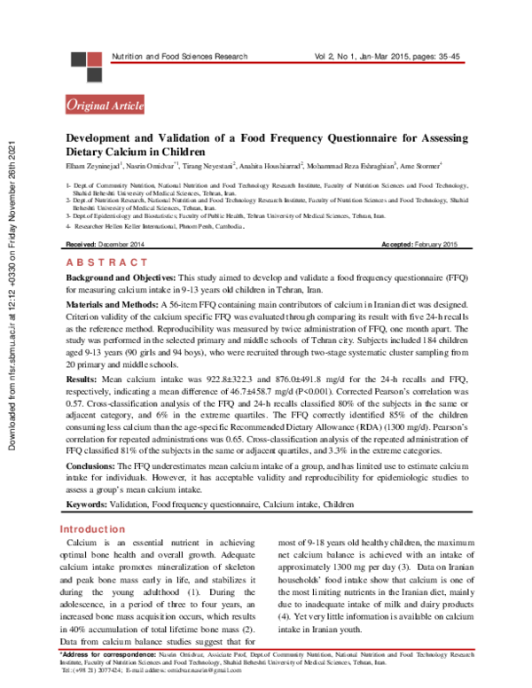(PDF) Development and Validation of a Food Frequency Questionnaire for ...
