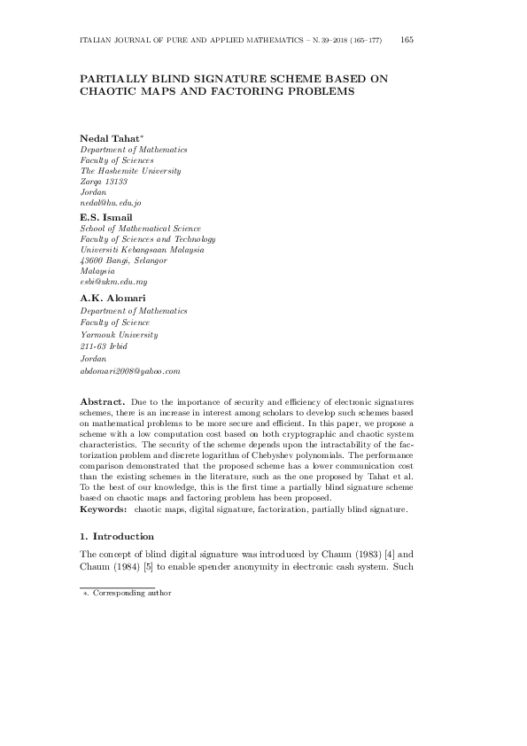 (PDF) Partially blind signature scheme based on chaotic maps and ...
