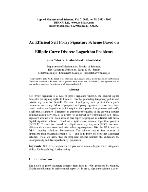 (PDF) An efficient self proxy signature scheme based on elliptic curve ...