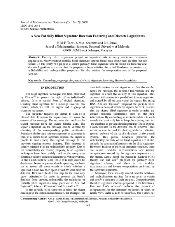(PDF) A New Partially Blind Signature Based on Factoring and Discrete ...