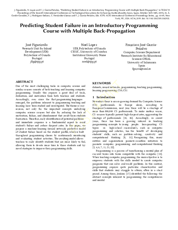 (PDF) Predicting Student Failure in an Introductory Programming Course ...