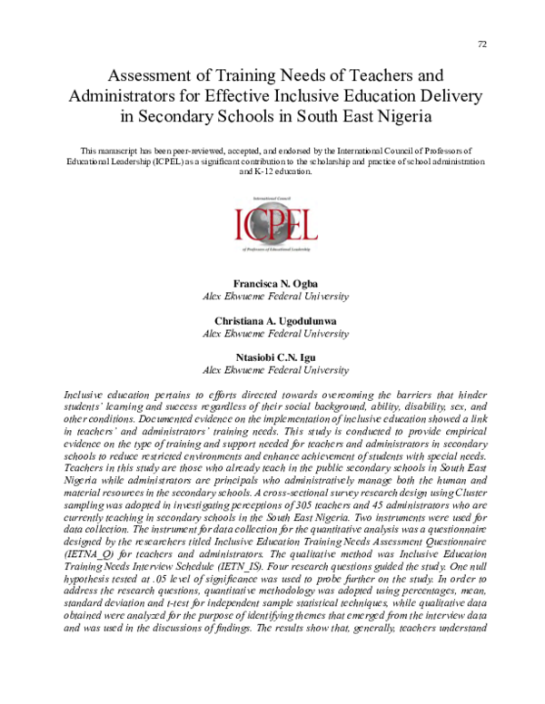 (PDF) Assessment of Training Needs of Teachers and Administrators for ...