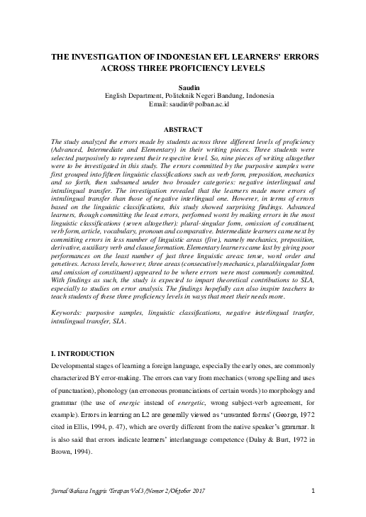 (PDF) The Investigation of Indonesian Efl Learners’ Errors Across Three ...