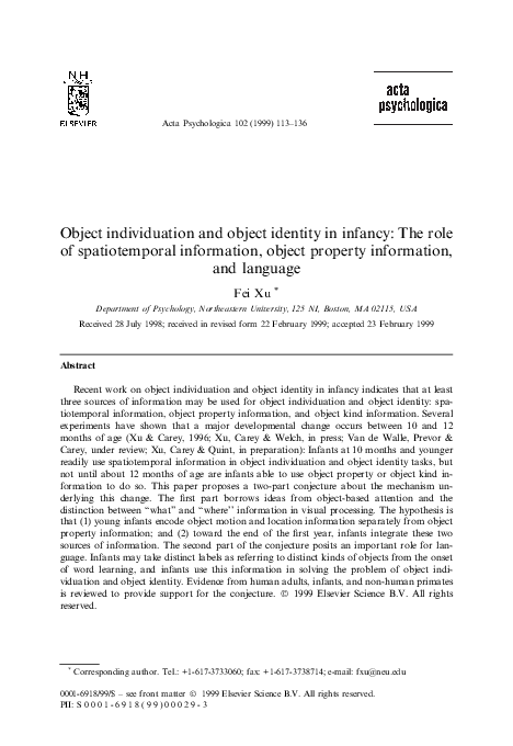 (PDF) Object individuation and object identity in infancy: The role of ...