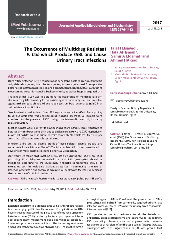 (PDF) The Occurrence of Multidrug Resistant E. Coli which Produce ESBL