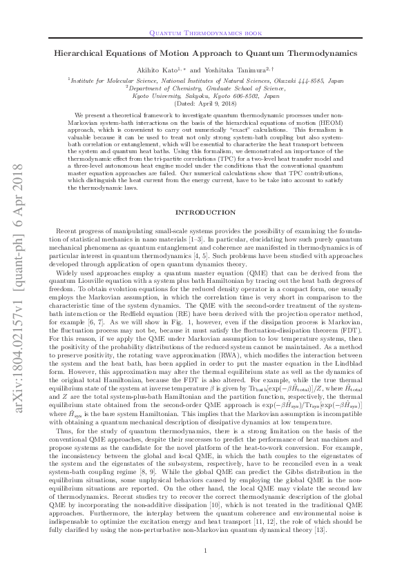 (PDF) Hierarchical Equations of Motion Approach to Quantum Thermodynamics