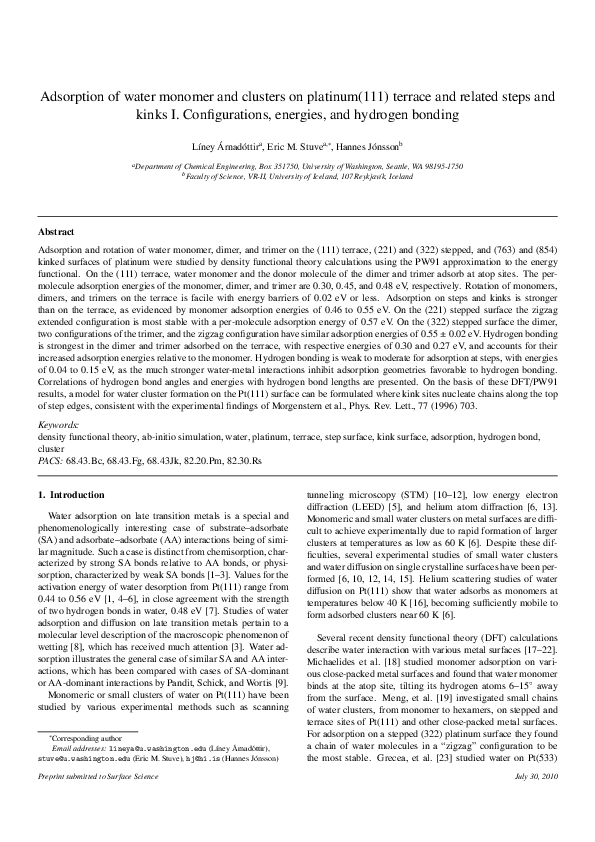 (PDF) Adsorption of water monomer and clusters on platinum (111 ...