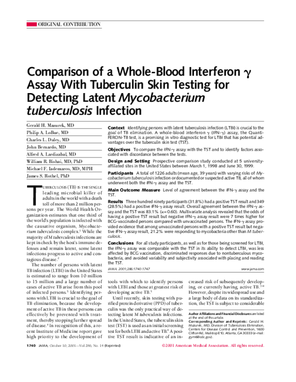 (PDF) Comparison of a Whole-Blood Interferon Assay With Tuberculin Skin ...