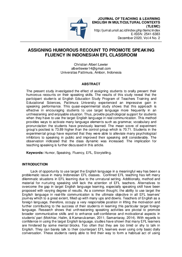 (PDF) Assigning Humorous Recount to Promote Speaking Fluency in ...