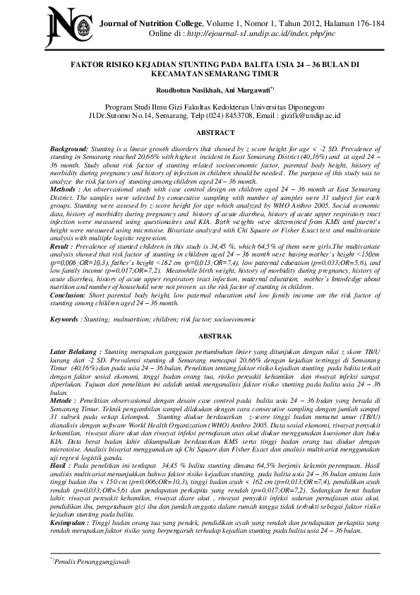 (PDF) Faktor Risiko Kejadian Stunting Pada Balita Usia 24 – 36 Bulan DI ...