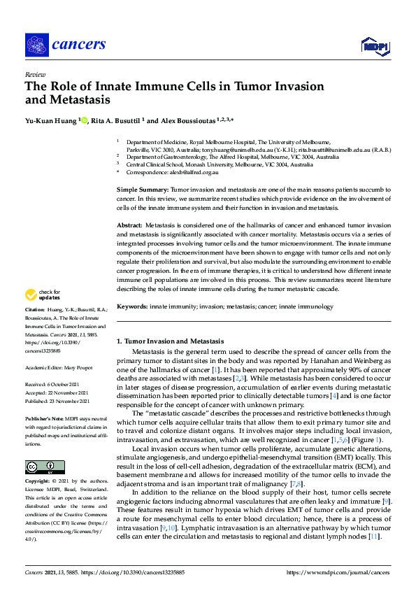 (PDF) The Role of Innate Immune Cells in Tumor Invasion and Metastasis