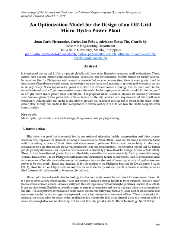 (PDF) An Optimization Model for the Design of an Off-Grid Micro-Hydro ...