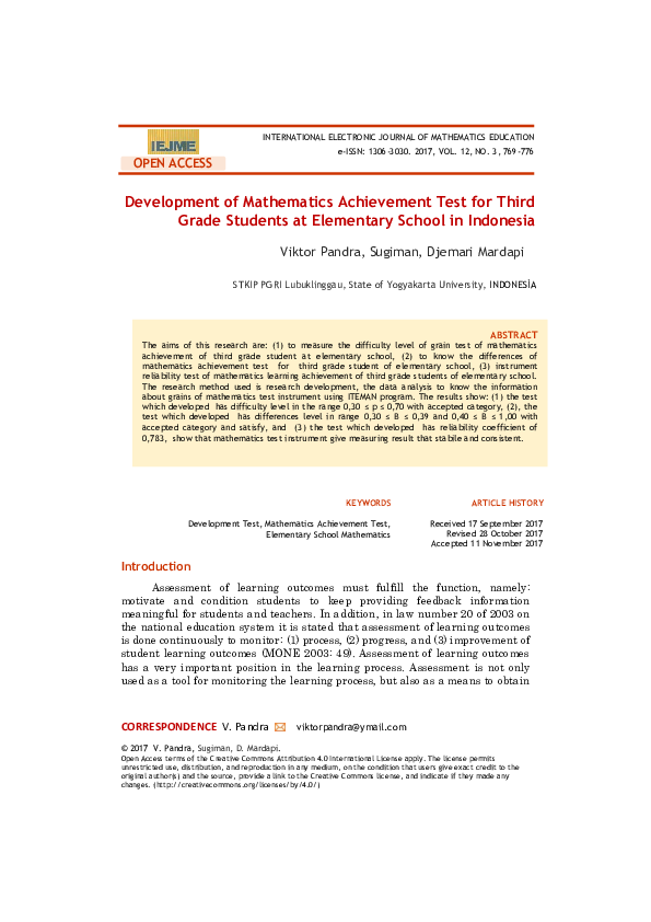 (PDF) Development of Mathematics Achievement Test for Third Grade ...