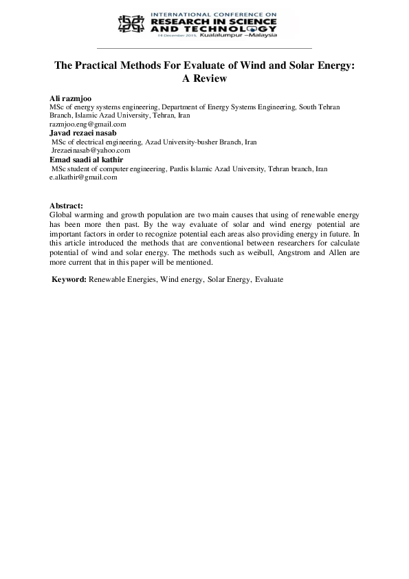 (PDF) The Practical Methods For Evaluate of Wind and Solar Energy: A Review