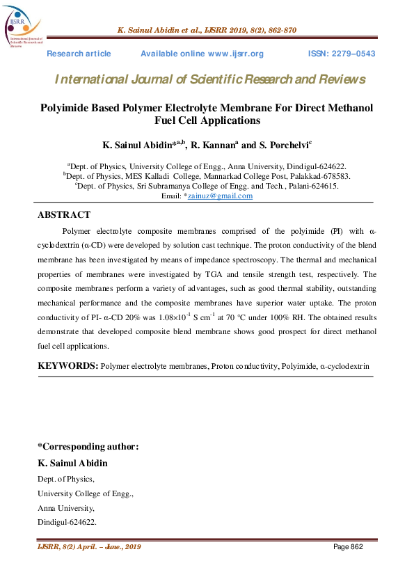 (PDF) Polyimide Based Polymer Electrolyte Membrane For Direct Methanol ...