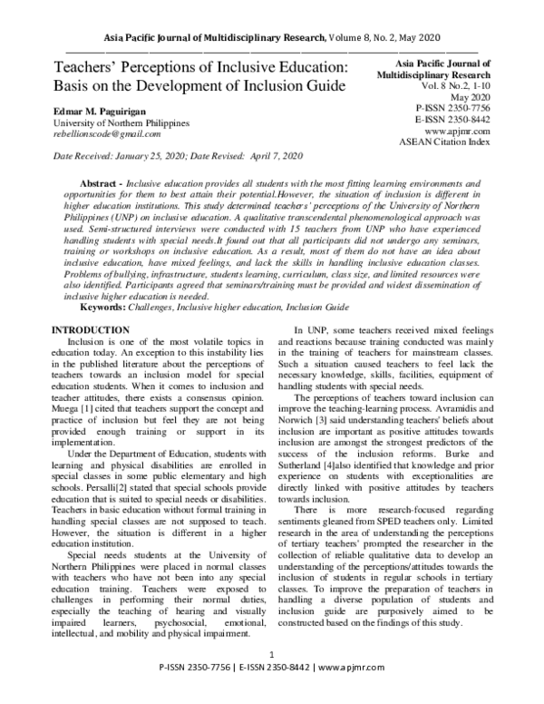 (PDF) Teachers’ Perceptions of Inclusive Education: Basis on the ...