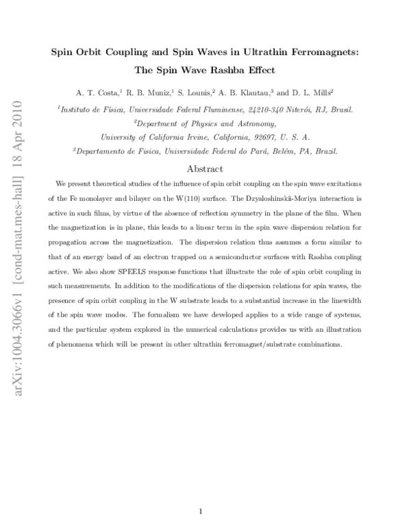 (PDF) Spin-orbit coupling and spin waves in ultrathin ferromagnets: The ...