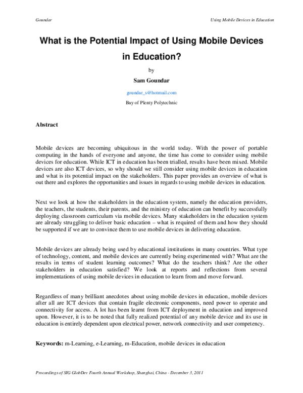(PDF) What is the Potential Impact of Using Mobile Devices in Education