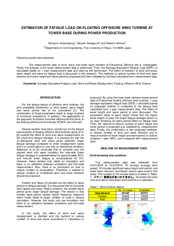 (PDF) Estimation of Fatigue Load on Floating Offshore Wind Turbine at ...