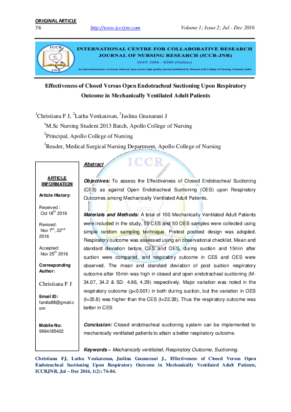 (PDF) Effectiveness of Closed Versus Open Endotracheal Suctioning Upon