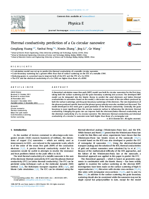 (PDF) Thermal conductivity prediction of a Cu circular nanowire