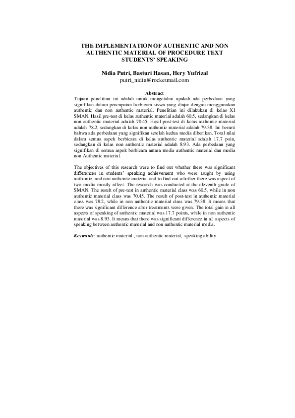 (PDF) The Implementation of Authentic and Non Authentic Material of ...