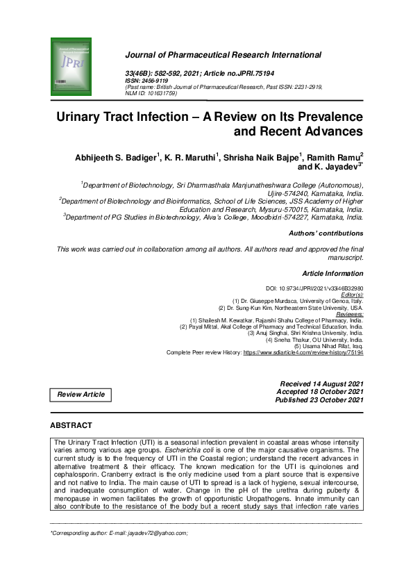 (PDF) Urinary Tract Infection – A Review on Its Prevalence and Recent ...