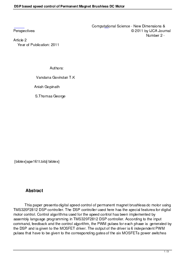 (PDF) DSP based speed control of Permanent Magnet Brushless DC Motor