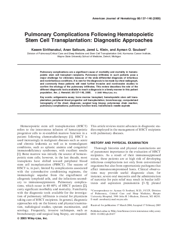 (PDF) Pulmonary complications following hematopoietic stem cell ...
