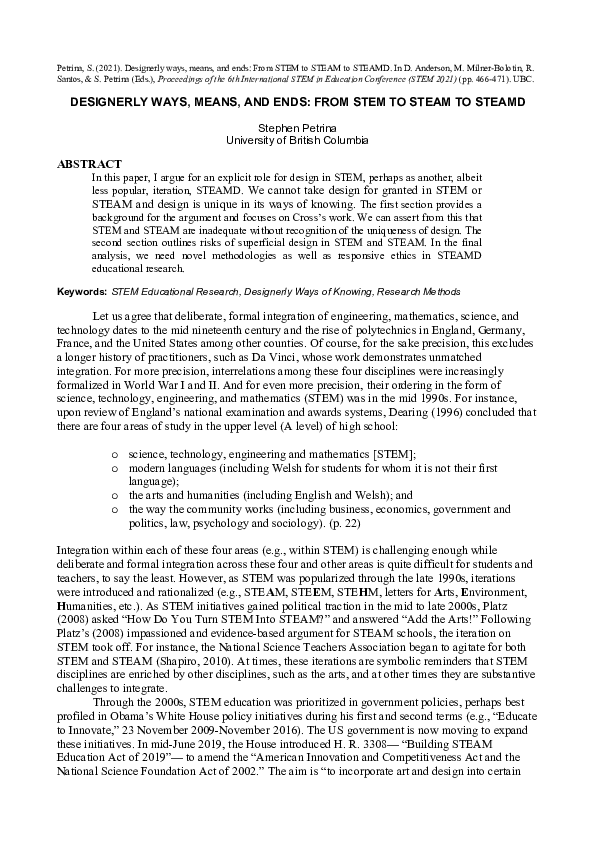 (PDF) Designerly Ways, Means, and Ends: From STEM to STEAM to STEAMD