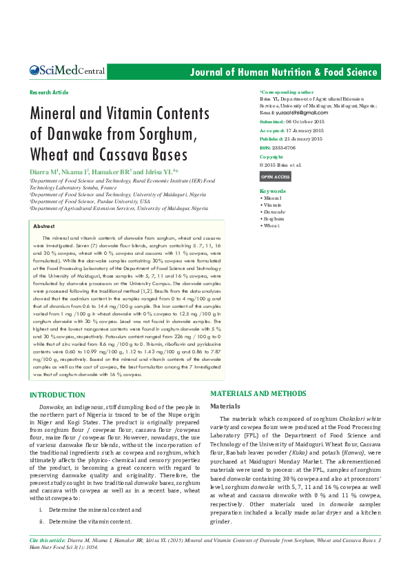 (PDF) Mineral and Vitamin Contents of Danwake from Sorghum, Wheat and ...