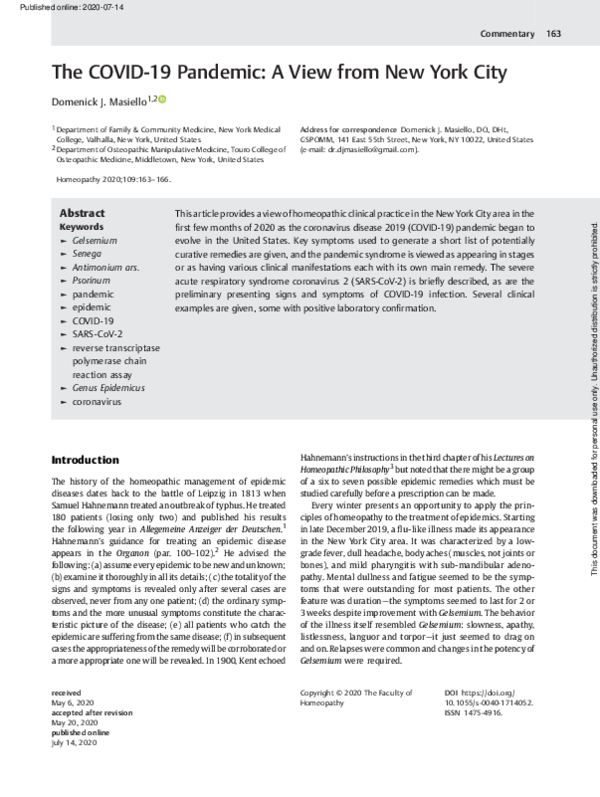 (PDF) The COVID-19 Pandemic: A View from New York City